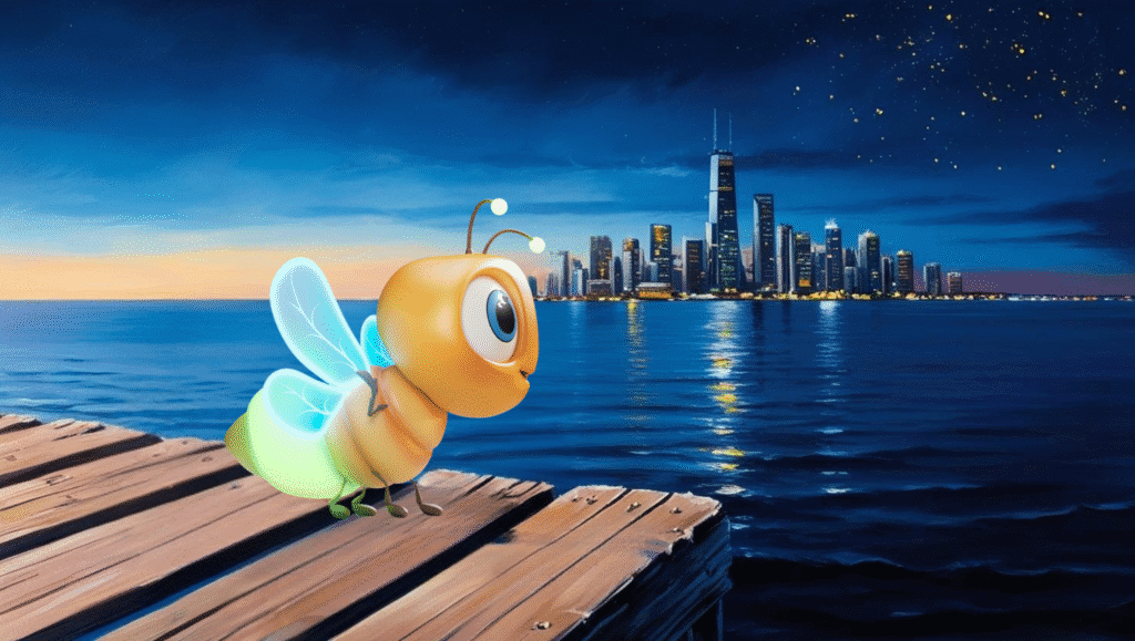limi the firefly looking towards a city skyline