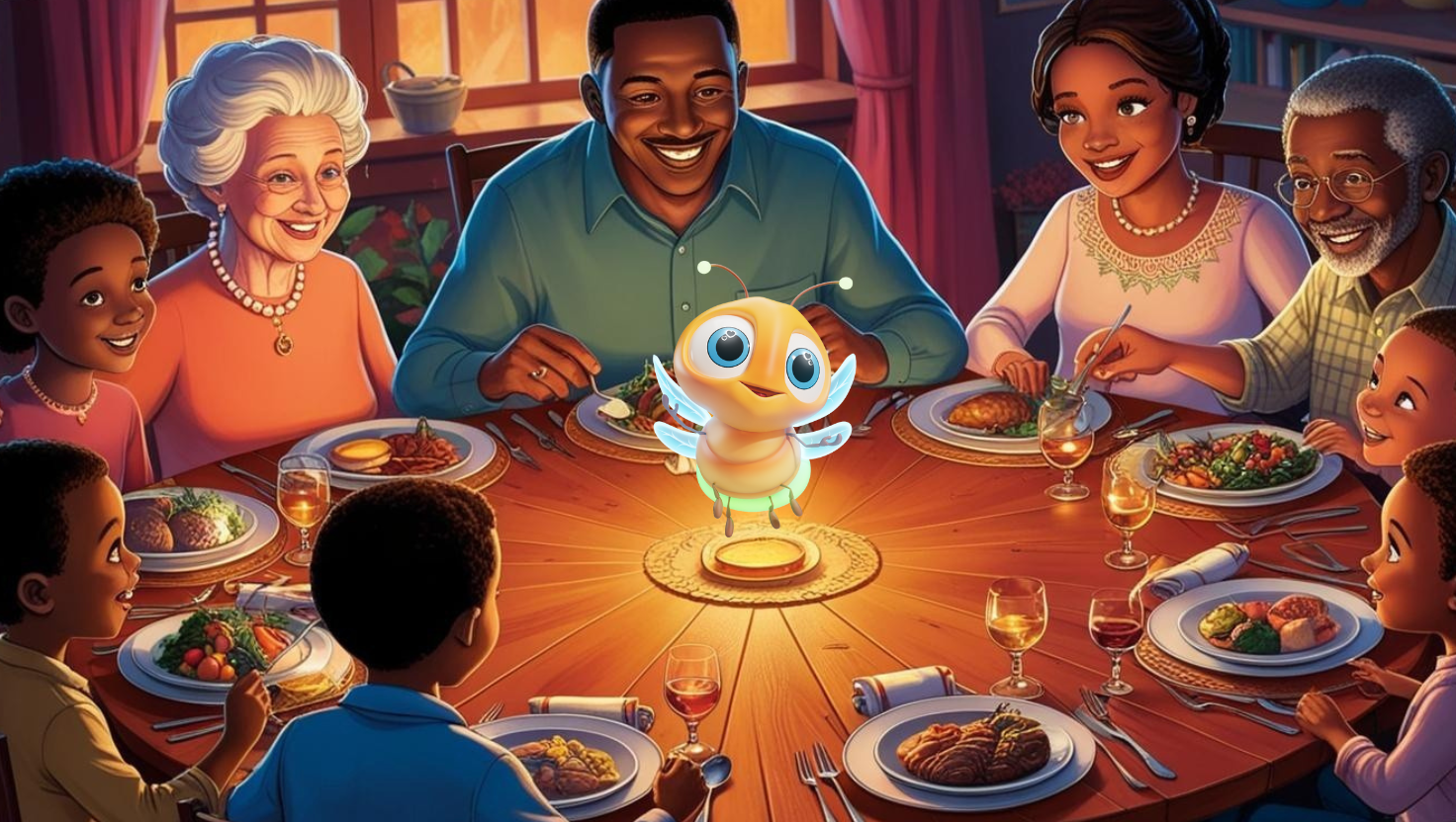 limi the firefly at the centre of a dining room table with a multiracial family