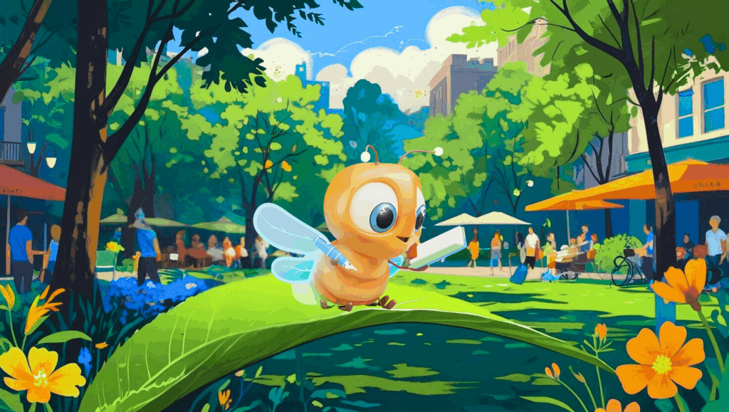 limi the firefly in a park with a book and pen