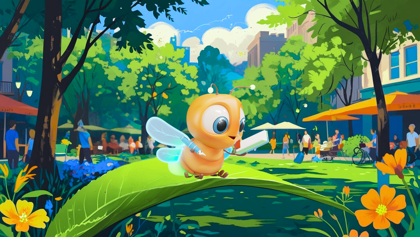 limi the firefly in a park with a book and pen