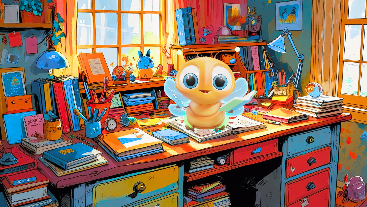 limi the firefly sitting at a messy desk with a journal and pen