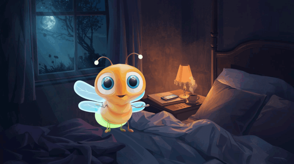 lumi the firefly in moonlight at night in his bedroom