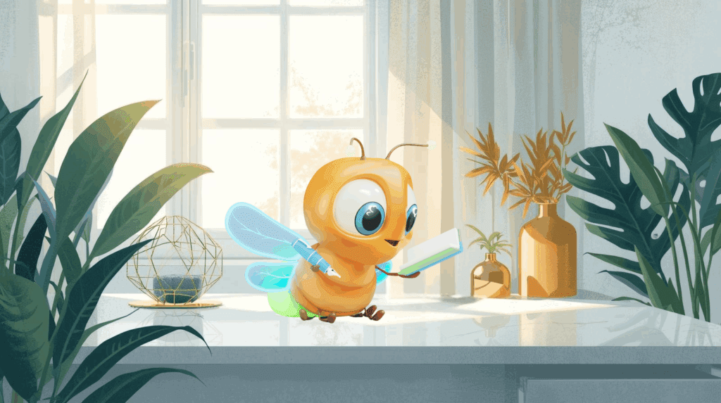 Lumi the firefly on a desk with his journal