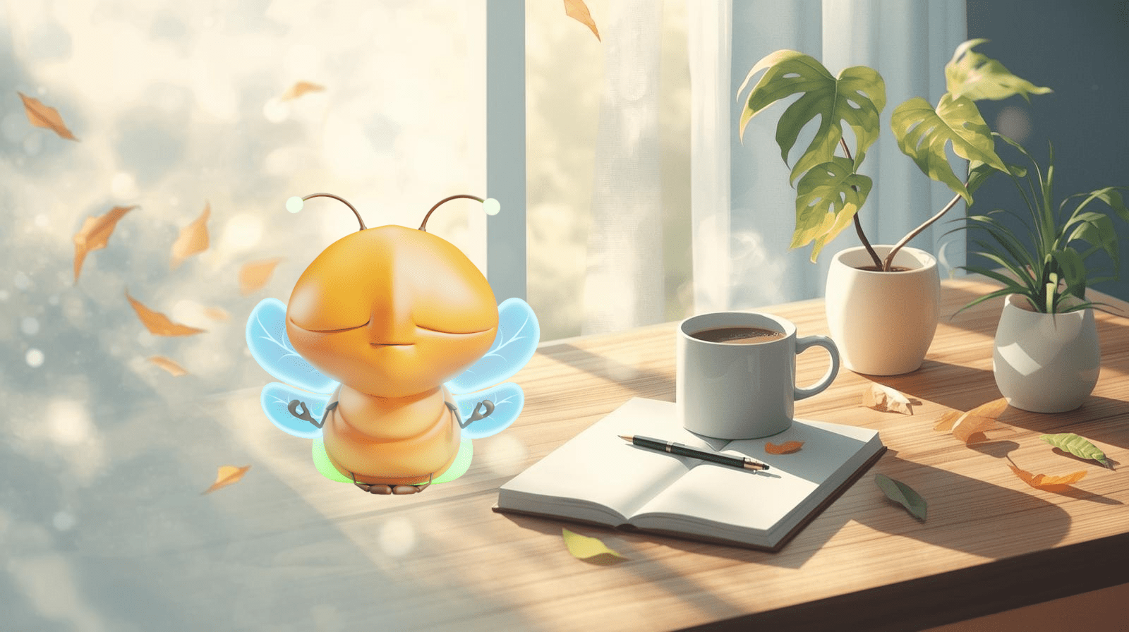 limi the firefly meditating at a desk