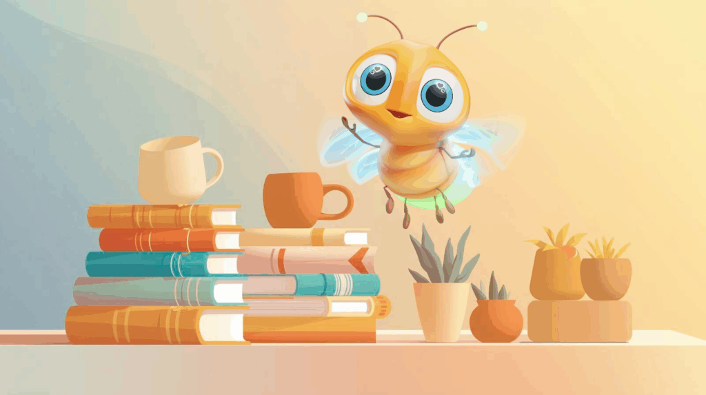 lumi the firefly with stacks of books and some potted plants