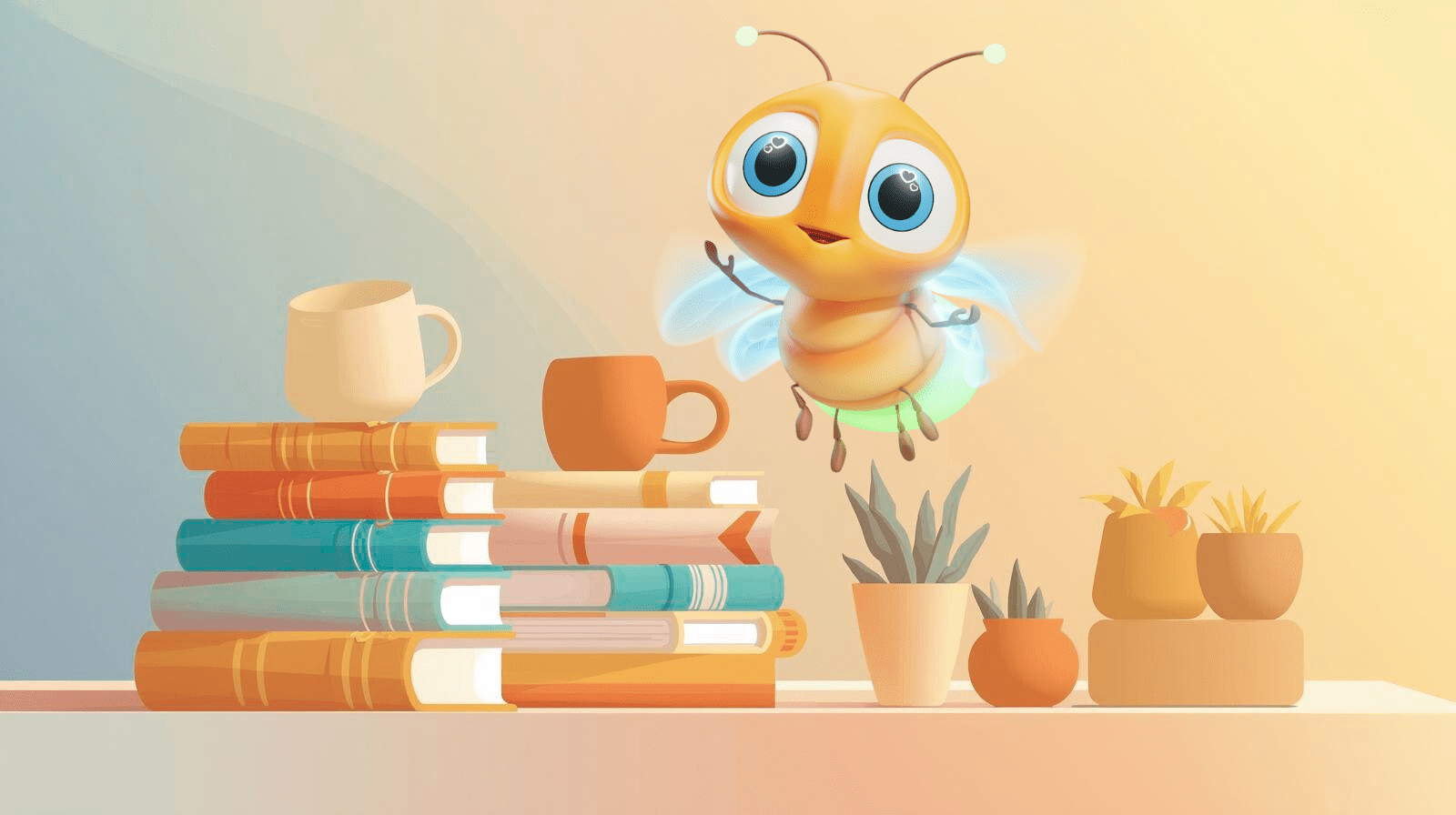 lumi the firefly with stacks of books and some potted plants