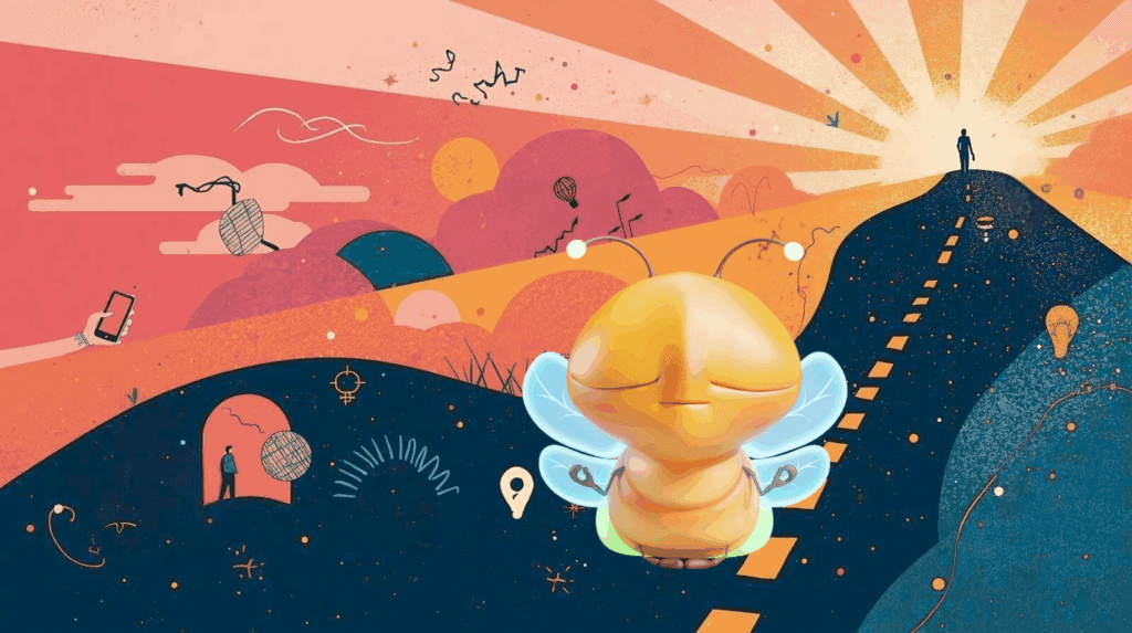 lumi the firefly meditating in front of background featuring a rising sun, road, and various other symbols