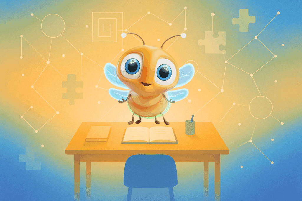 lumi the firefly on a desk with an open journal