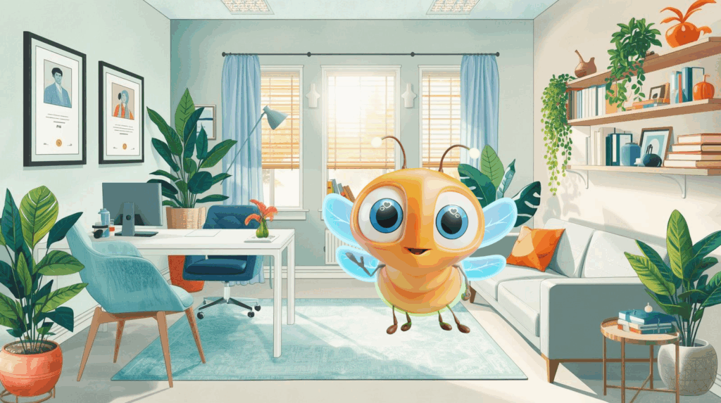 lumi the firefly in a modern well lit office