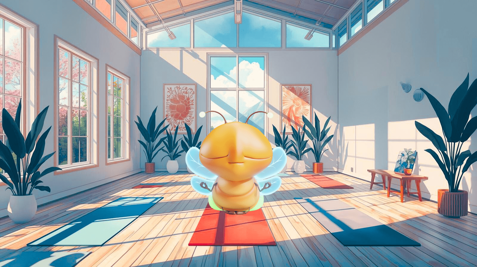 lumi the firefly meditating in a yoga studio