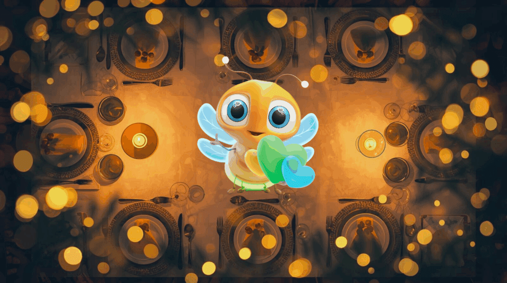 holiday table scene featuring lumi the firefly