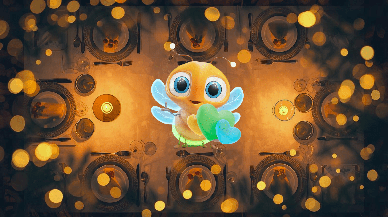 holiday table scene featuring lumi the firefly