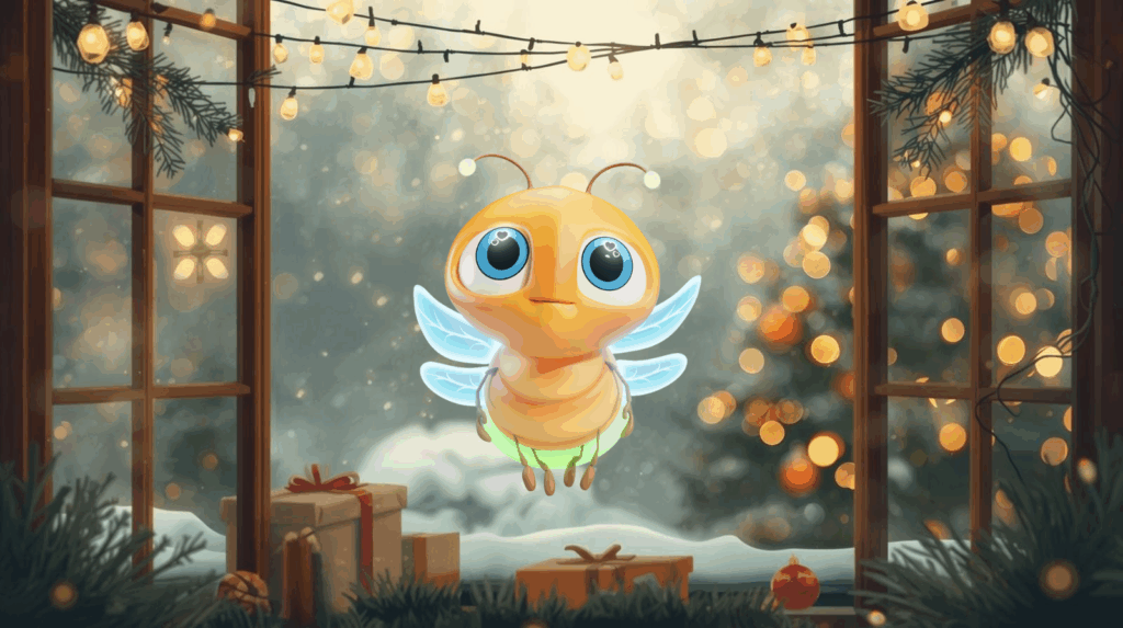 lumi the firefly in a holiday scene