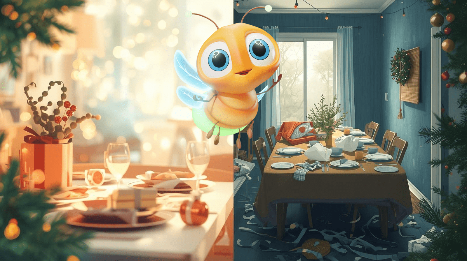 lumi the firefly in between two scenes, one light and one dark, depicting alternative holidays