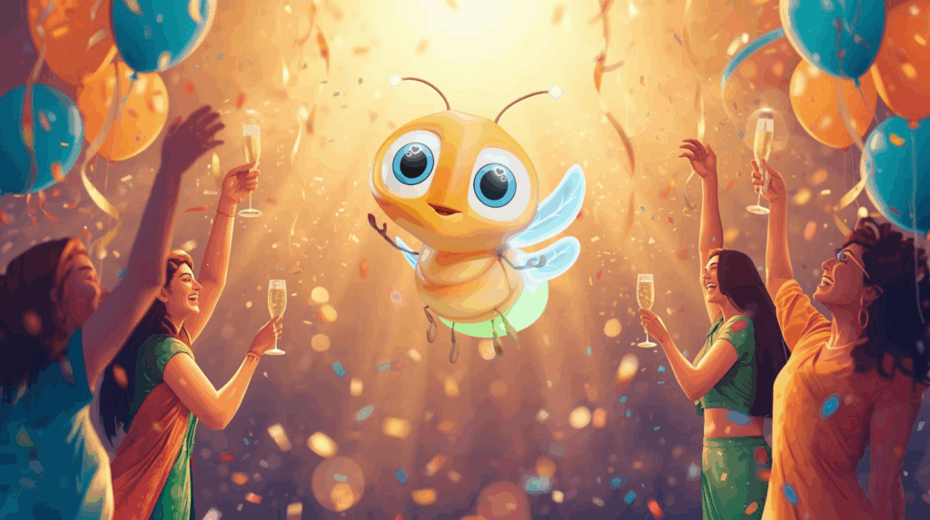 lumi the firefly at a new years eve party